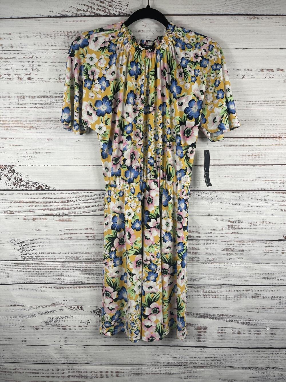Maggy London Dress Women's Size 0 Yellow Floral Short Sleeve Midi Stretch A Line